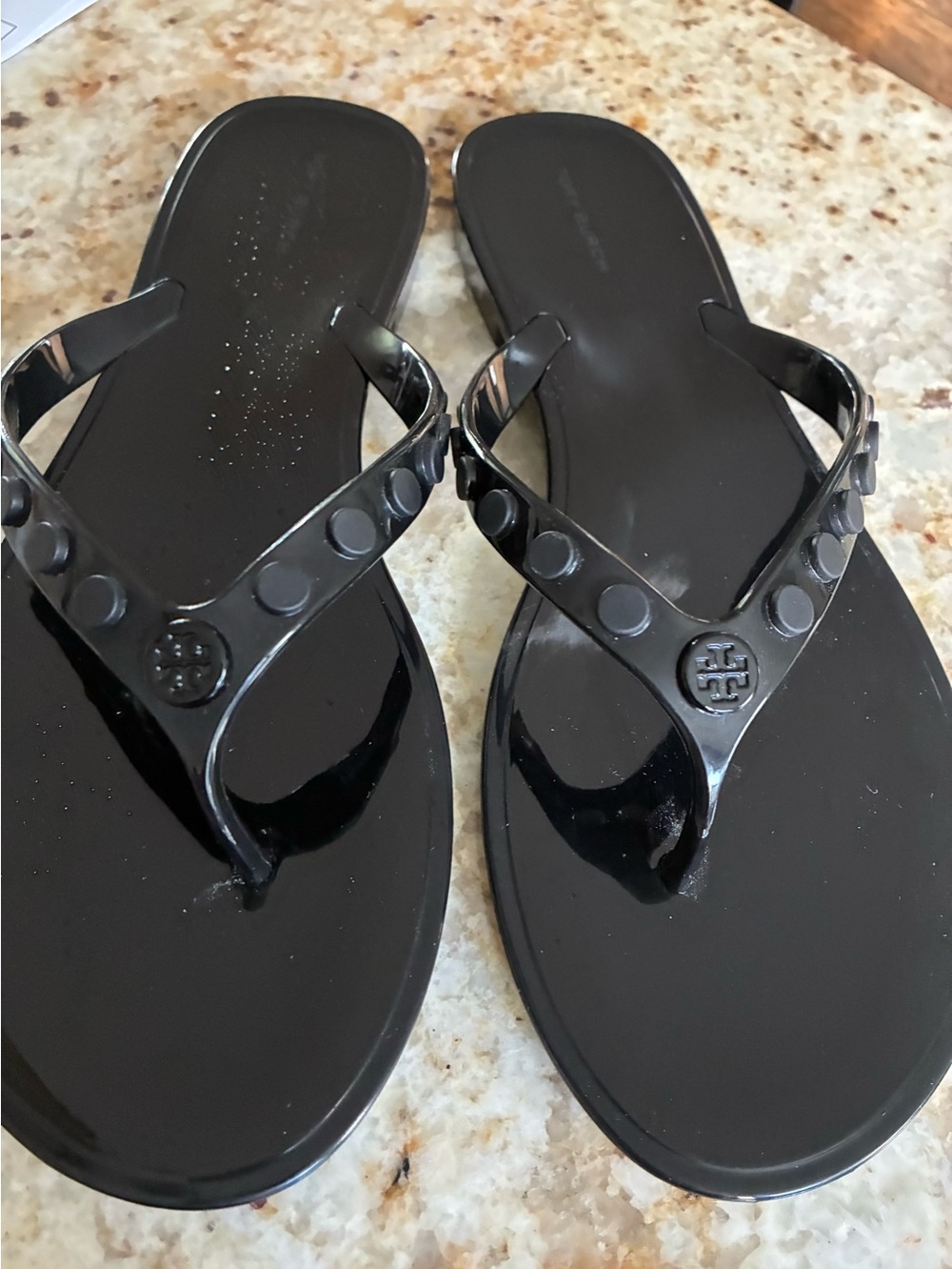 Tory Burch Black Gloss Jelly Thong Sandals with Logo Studs